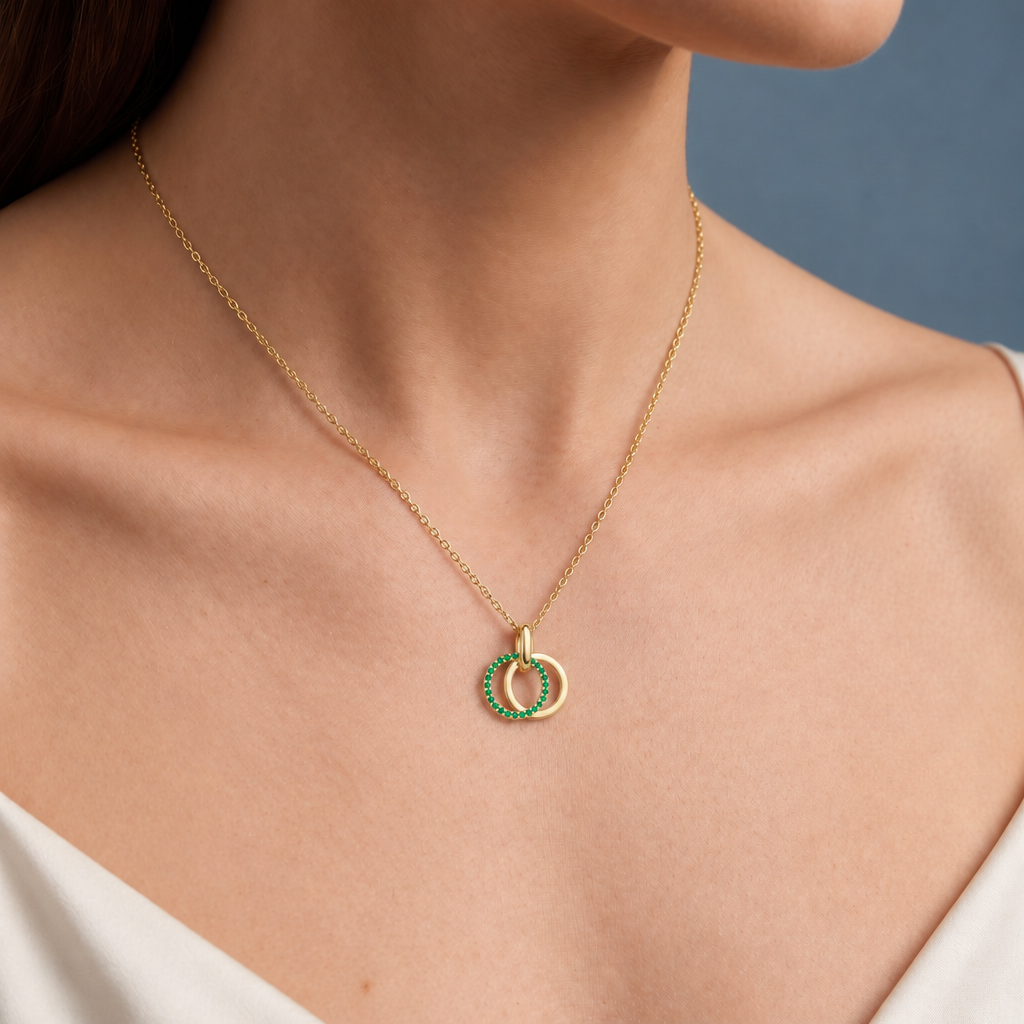 10K Yellow Gold Lab Grown Emerald Interlocking Circles Pendant - Close-up