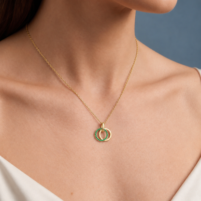 10K Yellow Gold Lab Grown Emerald Interlocking Circles Pendant - Close-up