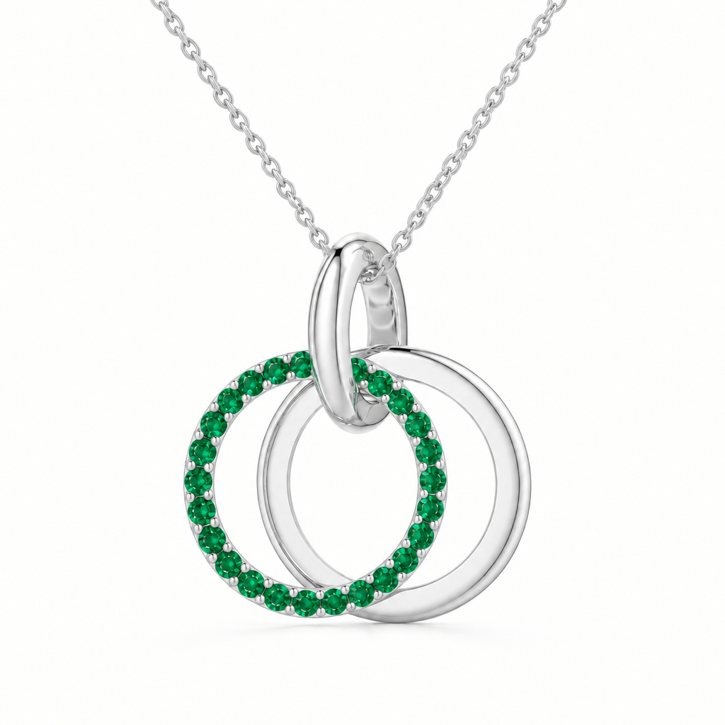 14K White Gold Lab Grown Emerald Interlocking Circles Pendant