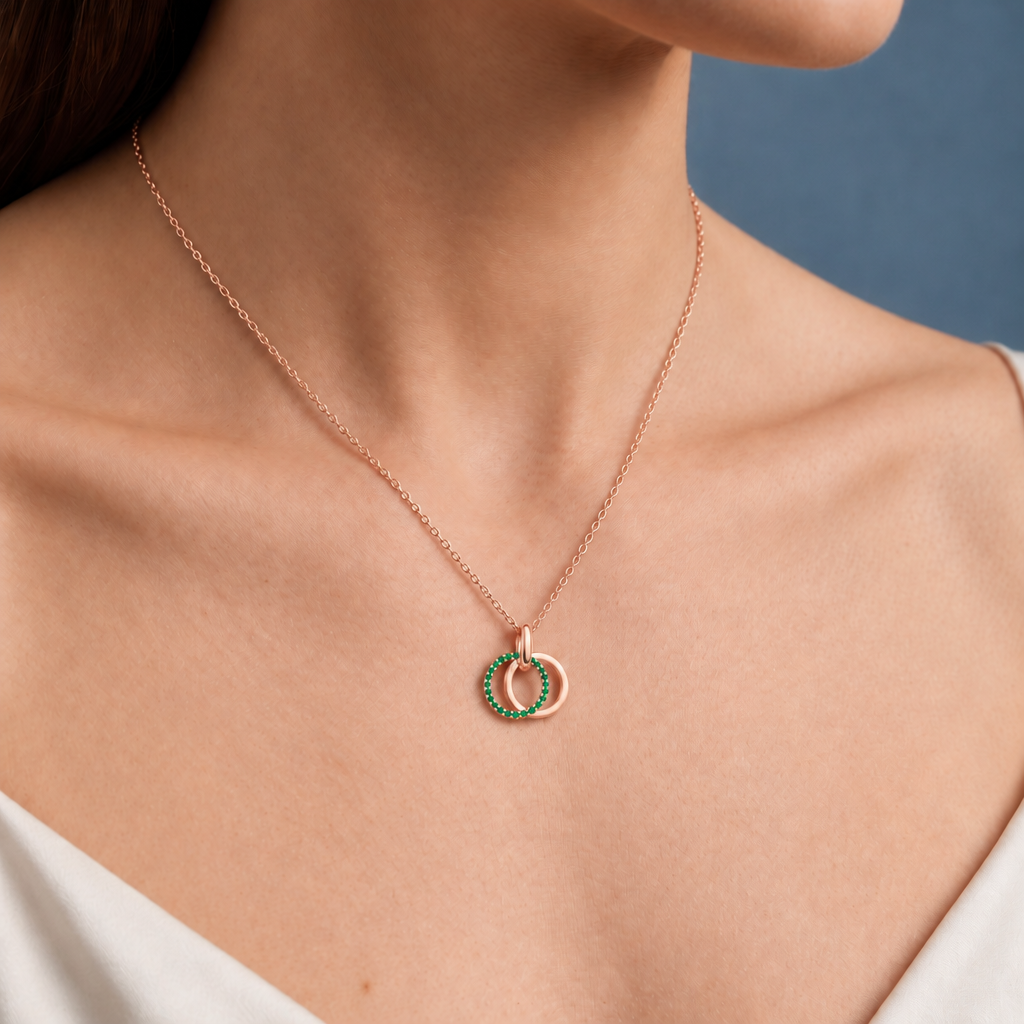 14K Rose Gold Lab Grown Emerald Interlocking Circles Pendant - Close-up