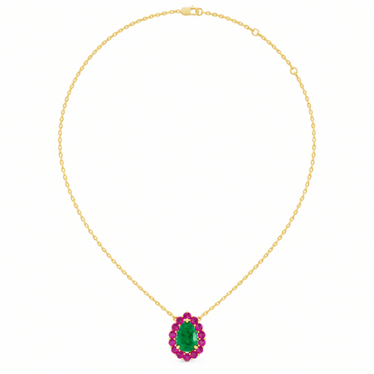 14K Yellow Gold Lab Grown Pear Emerald Pink Sapphire Halo Pendant - View 3