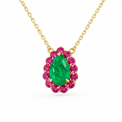 14K Yellow Gold Lab Grown Pear Emerald Pink Sapphire Halo Pendant - View 2