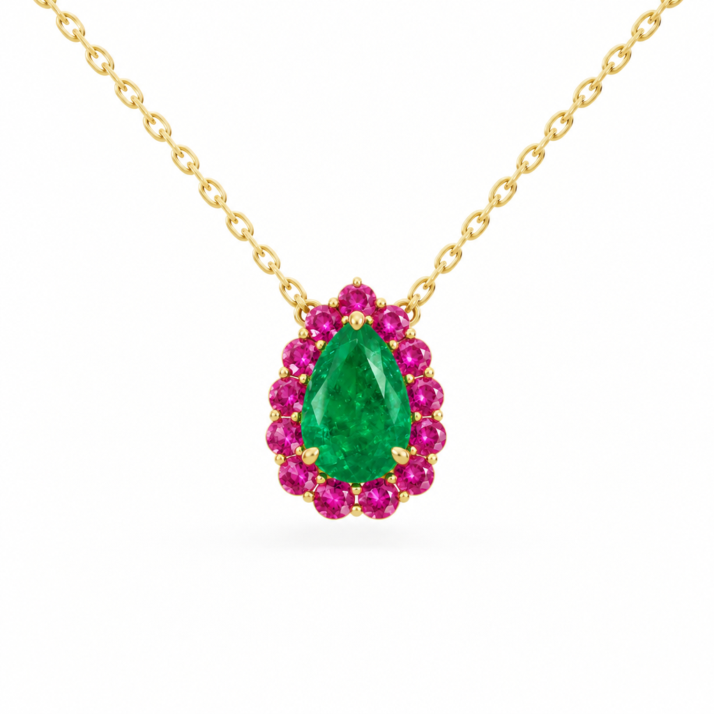 14K Yellow Gold Lab Grown Pear Emerald Pink Sapphire Halo Pendant