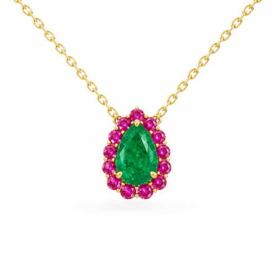 14K Yellow Gold Lab Grown Pear Emerald Pink Sapphire Halo Pendant