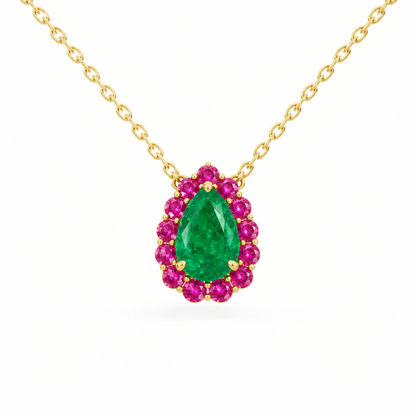 10K Yellow Gold Lab Grown Pear Emerald Pink Sapphire Halo Pendant