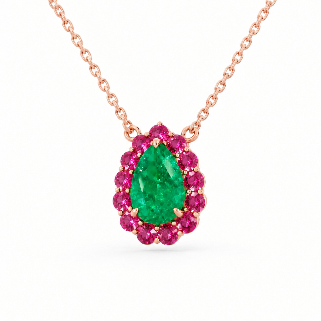 14K Rose Gold Lab Grown Pear Emerald Pink Sapphire Halo Pendant - View 2