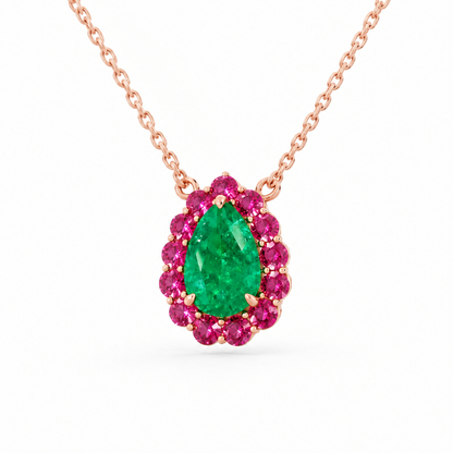 14K Rose Gold Lab Grown Pear Emerald Pink Sapphire Halo Pendant - View 2