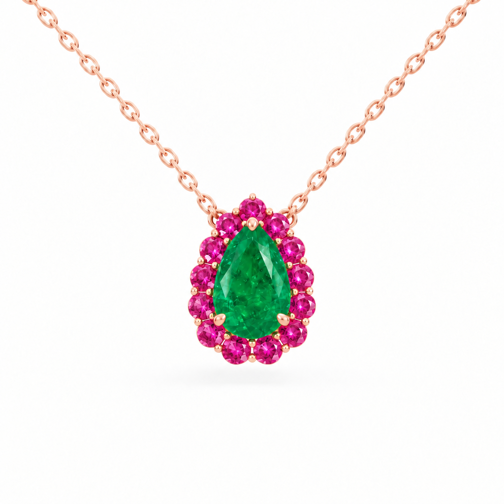 10K Rose Gold Lab Grown Pear Emerald Pink Sapphire Halo Pendant