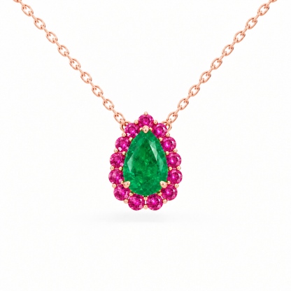 10K Rose Gold Lab Grown Pear Emerald Pink Sapphire Halo Pendant