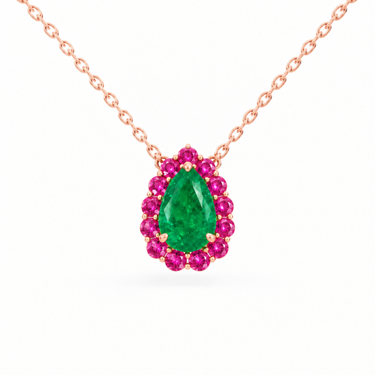 14K Rose Gold Lab Grown Pear Emerald Pink Sapphire Halo Pendant