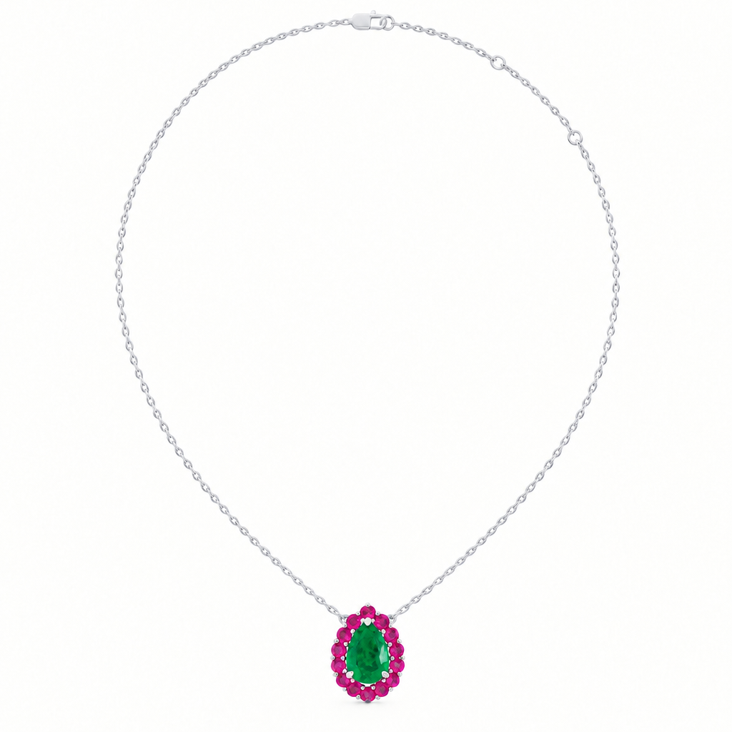 10K White Gold Lab Grown Pear Emerald Pink Sapphire Halo Pendant - View 3