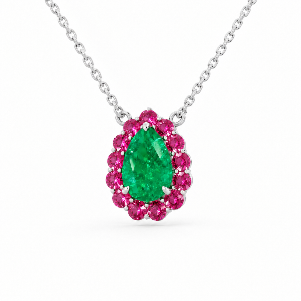 Platinum Lab Grown Pear Emerald Pink Sapphire Halo Pendant - View 2