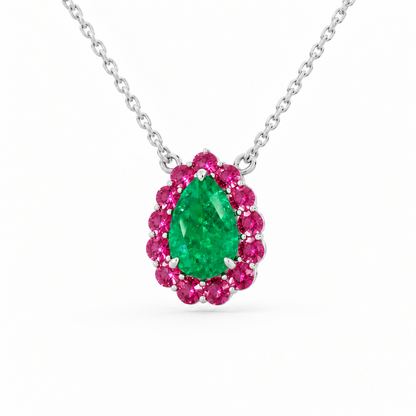 Platinum Lab Grown Pear Emerald Pink Sapphire Halo Pendant - View 2