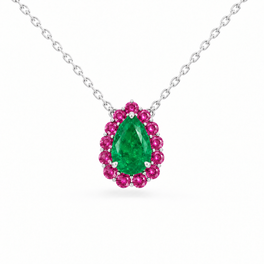 Platinum Lab Grown Pear Emerald Pink Sapphire Halo Pendant