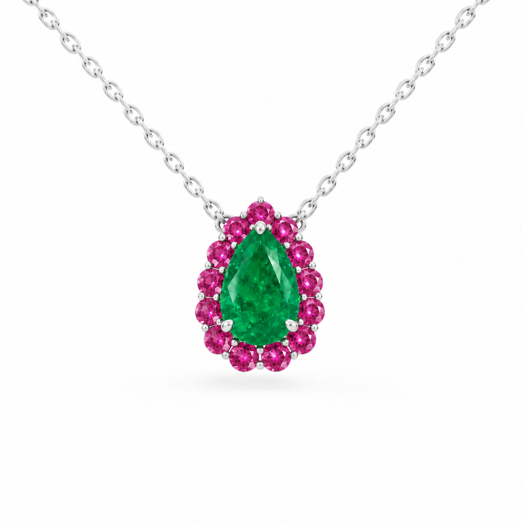 10K White Gold Lab Grown Pear Emerald Pink Sapphire Halo Pendant