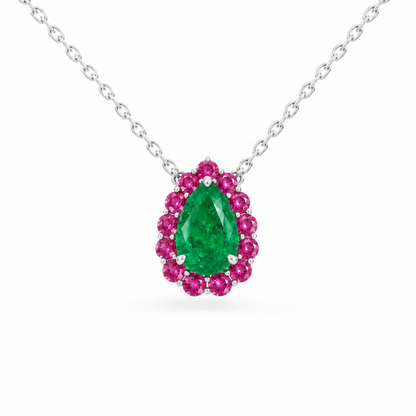10K White Gold Lab Grown Pear Emerald Pink Sapphire Halo Pendant