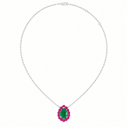 Platinum Lab Grown Pear Emerald Pink Sapphire Halo Pendant - View 3