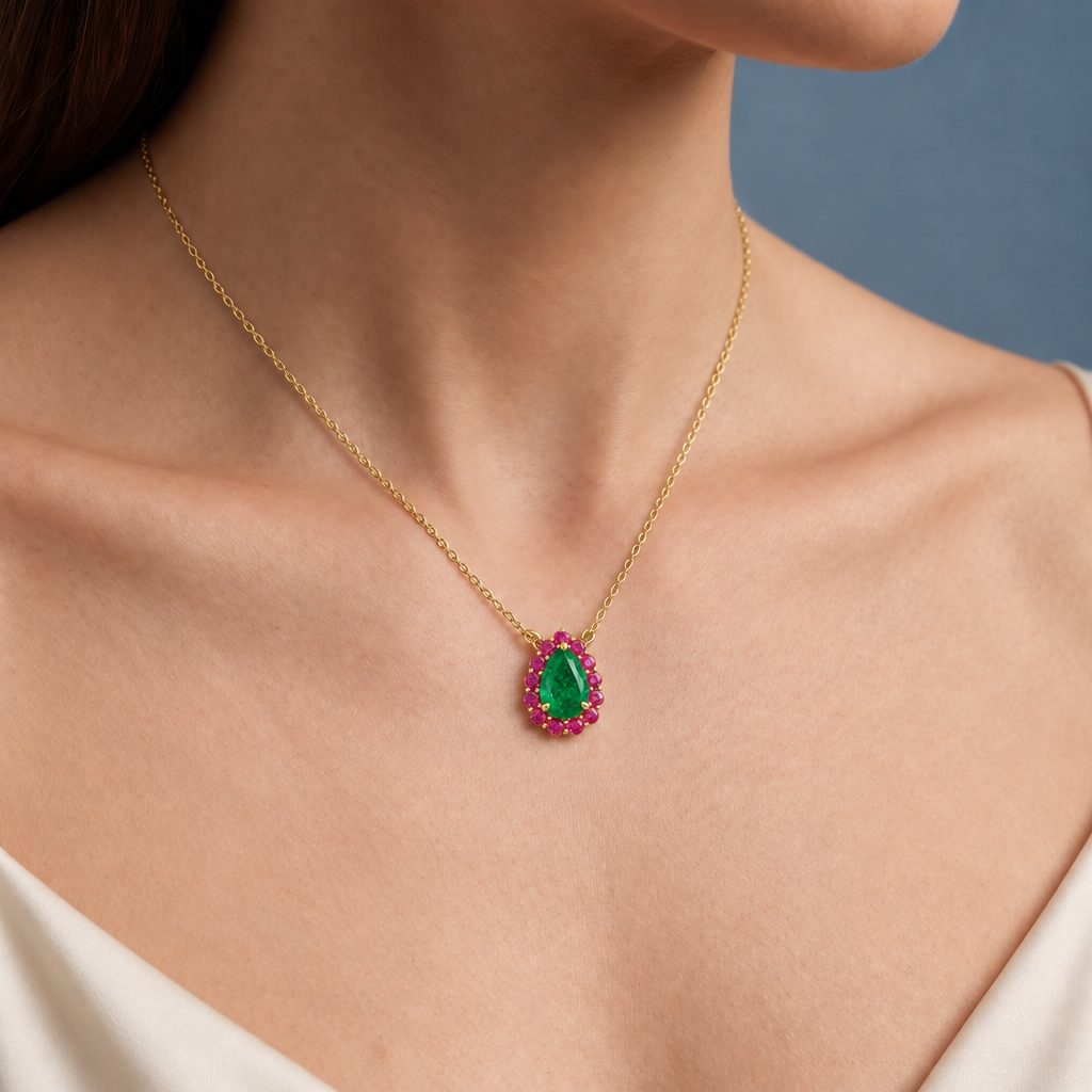 10K Yellow Gold Lab Grown Pear Emerald Pink Sapphire Halo Pendant - Close-up