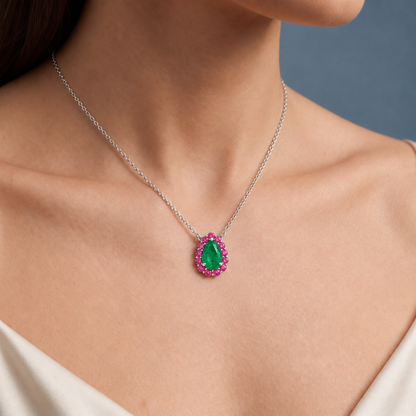 Platinum Lab Grown Pear Emerald Pink Sapphire Halo Pendant - Close-up