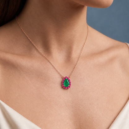10K Rose Gold Lab Grown Pear Emerald Pink Sapphire Halo Pendant - Close-up