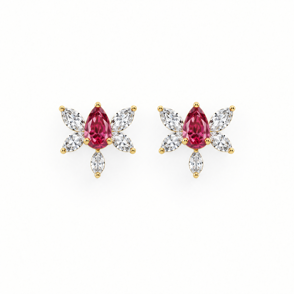 14K Yellow Gold Lab Grown Ruby Butterfly Diamond Stud Earrings - Top view
