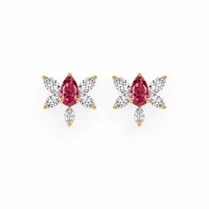 14K Yellow Gold Lab Grown Ruby Butterfly Diamond Stud Earrings - Top view