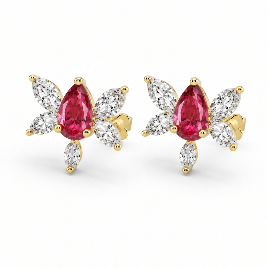 10K Yellow Gold Lab Grown Ruby Butterfly Diamond Stud Earrings - Close-up