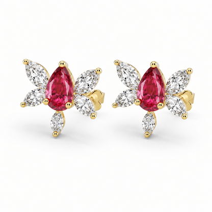 14K Yellow Gold Lab Grown Ruby Butterfly Diamond Stud Earrings - Close-up