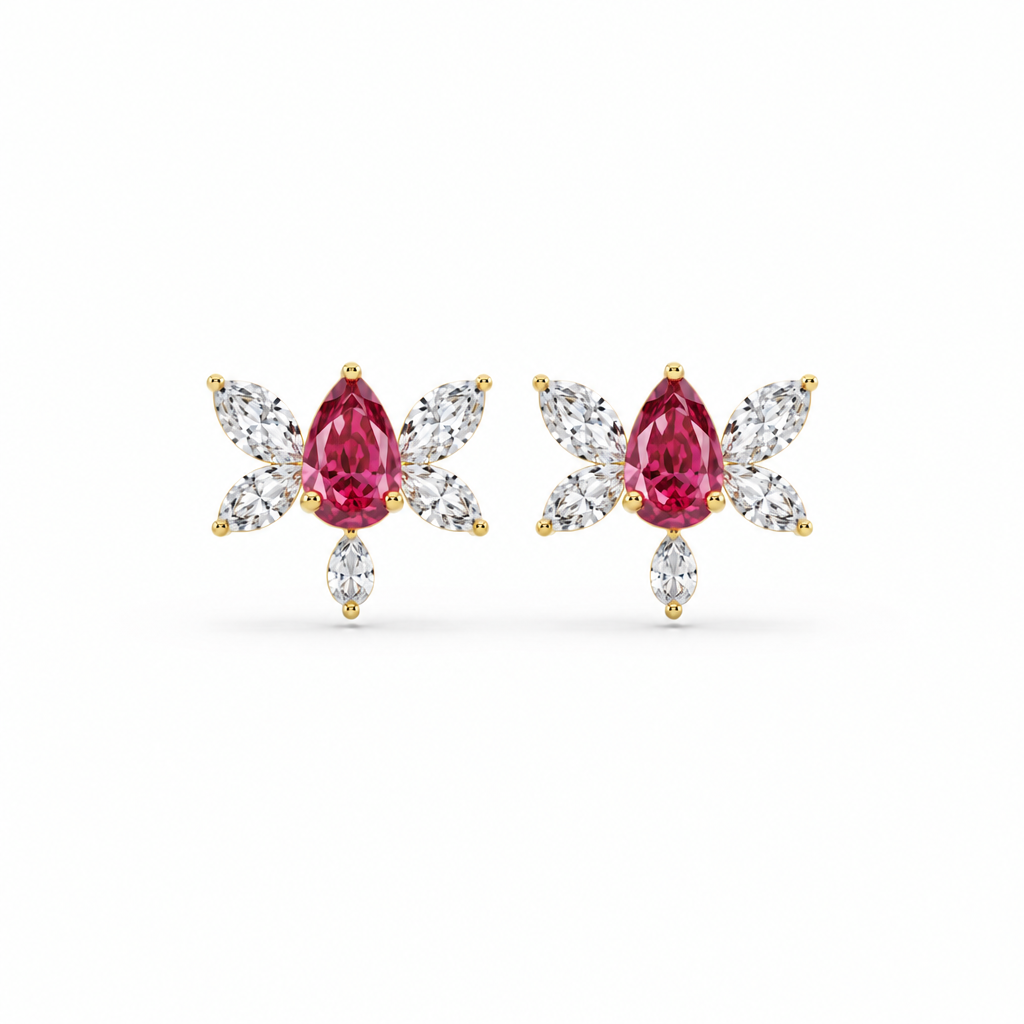 10K Yellow Gold Lab Grown Ruby Butterfly Diamond Stud Earrings