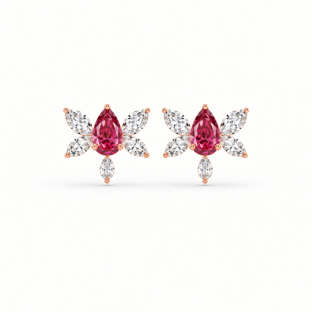 10K Rose Gold Lab Grown Ruby Butterfly Diamond Stud Earrings