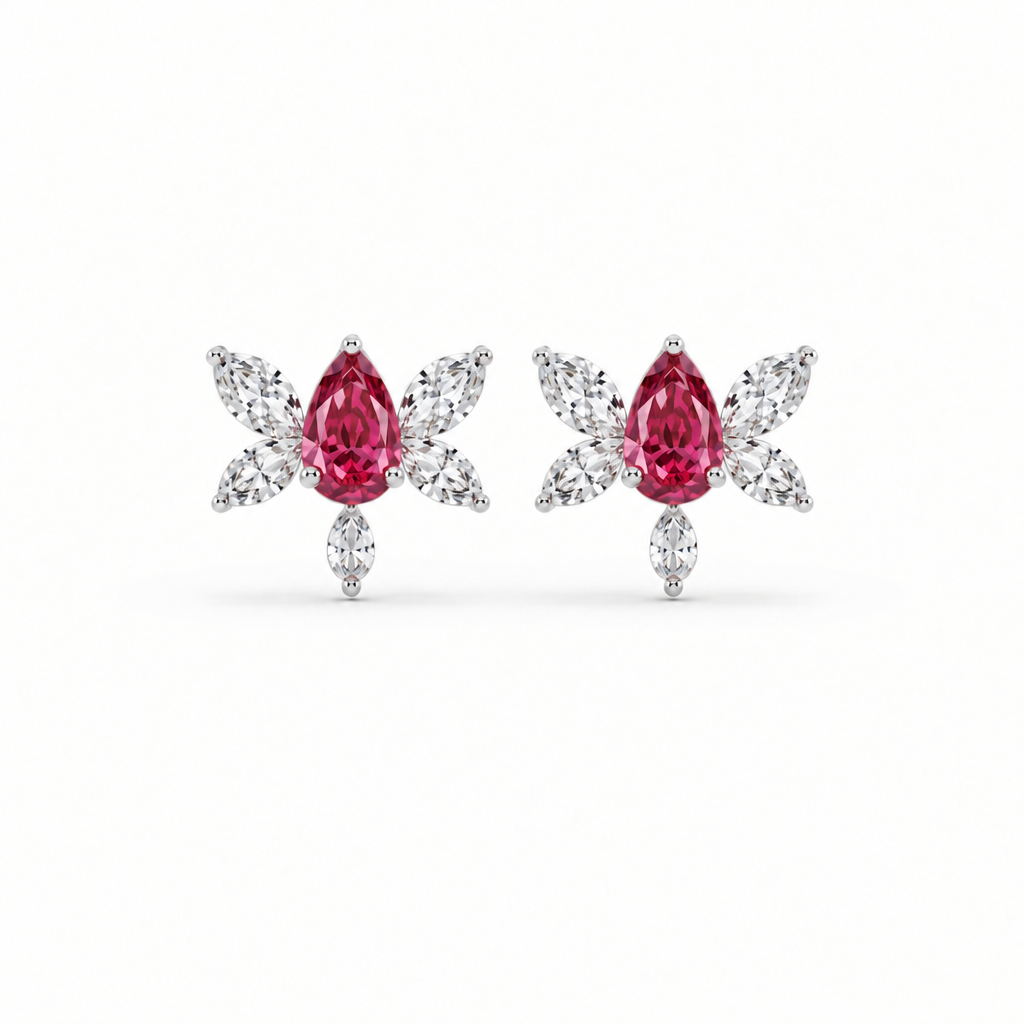 Sterling Silver Lab Grown Ruby Butterfly Diamond Stud Earrings