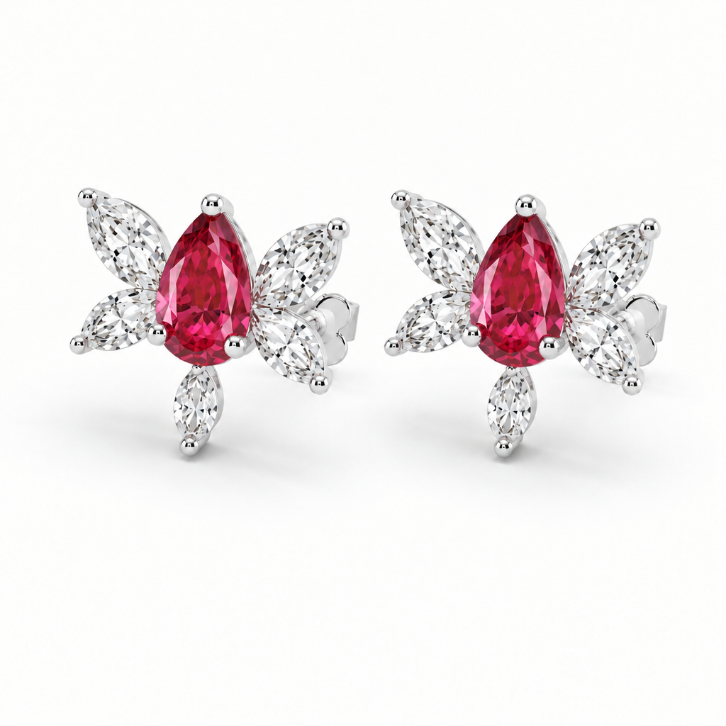 10K White Gold Lab Grown Ruby Butterfly Diamond Stud Earrings - Close-up