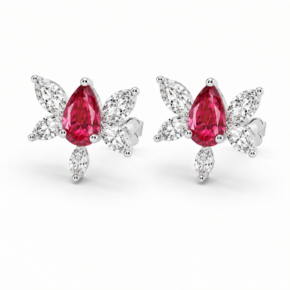 10K White Gold Lab Grown Ruby Butterfly Diamond Stud Earrings - Close-up