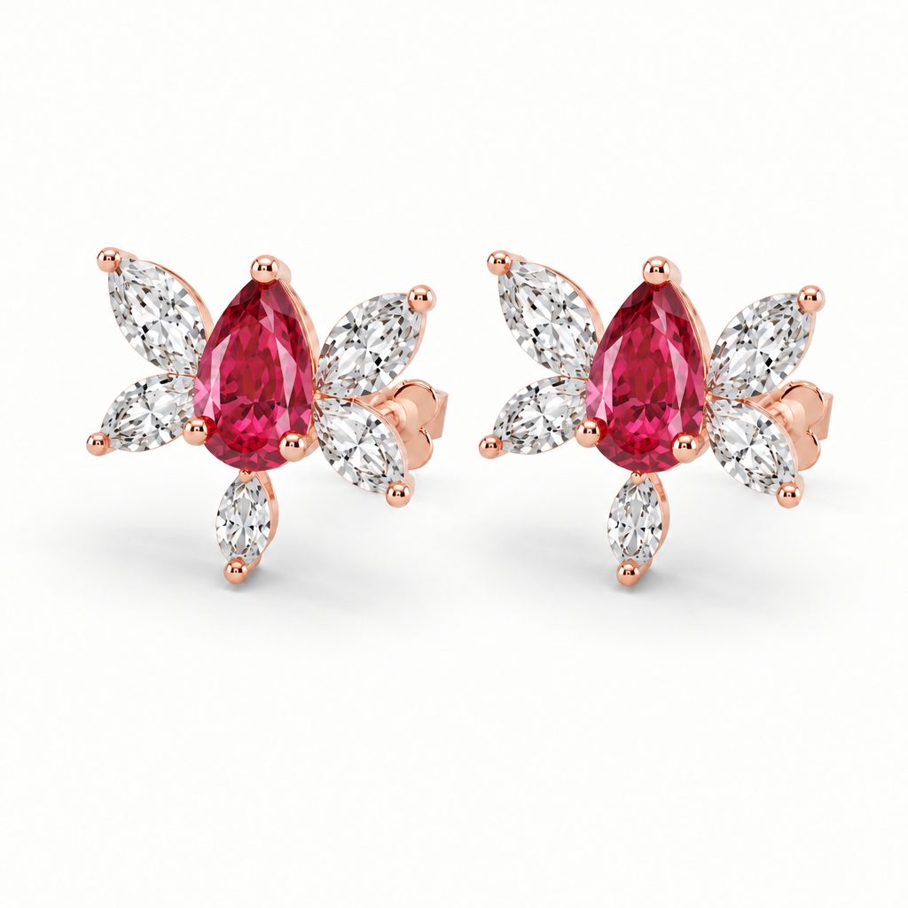 10K Rose Gold Lab Grown Ruby Butterfly Diamond Stud Earrings - Close-up