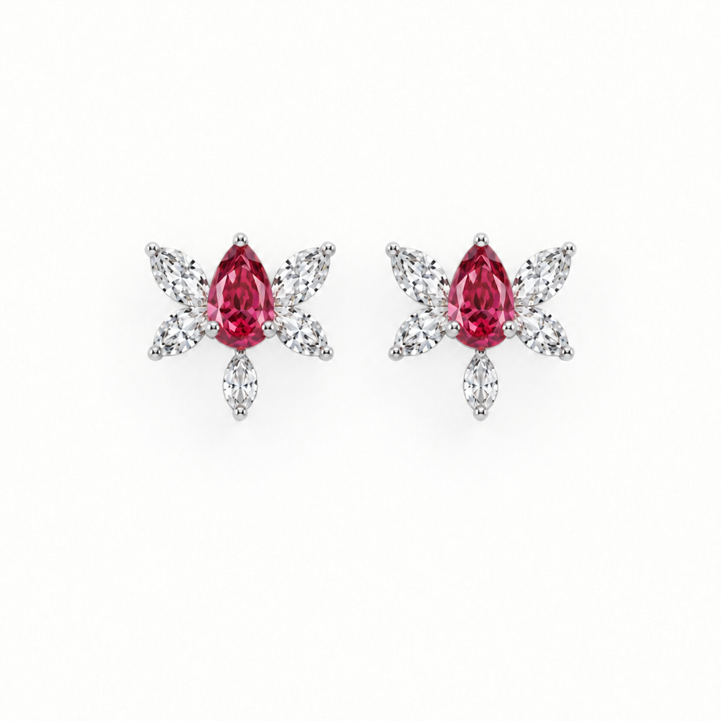 14K White Gold Lab Grown Ruby Butterfly Diamond Stud Earrings - Top view
