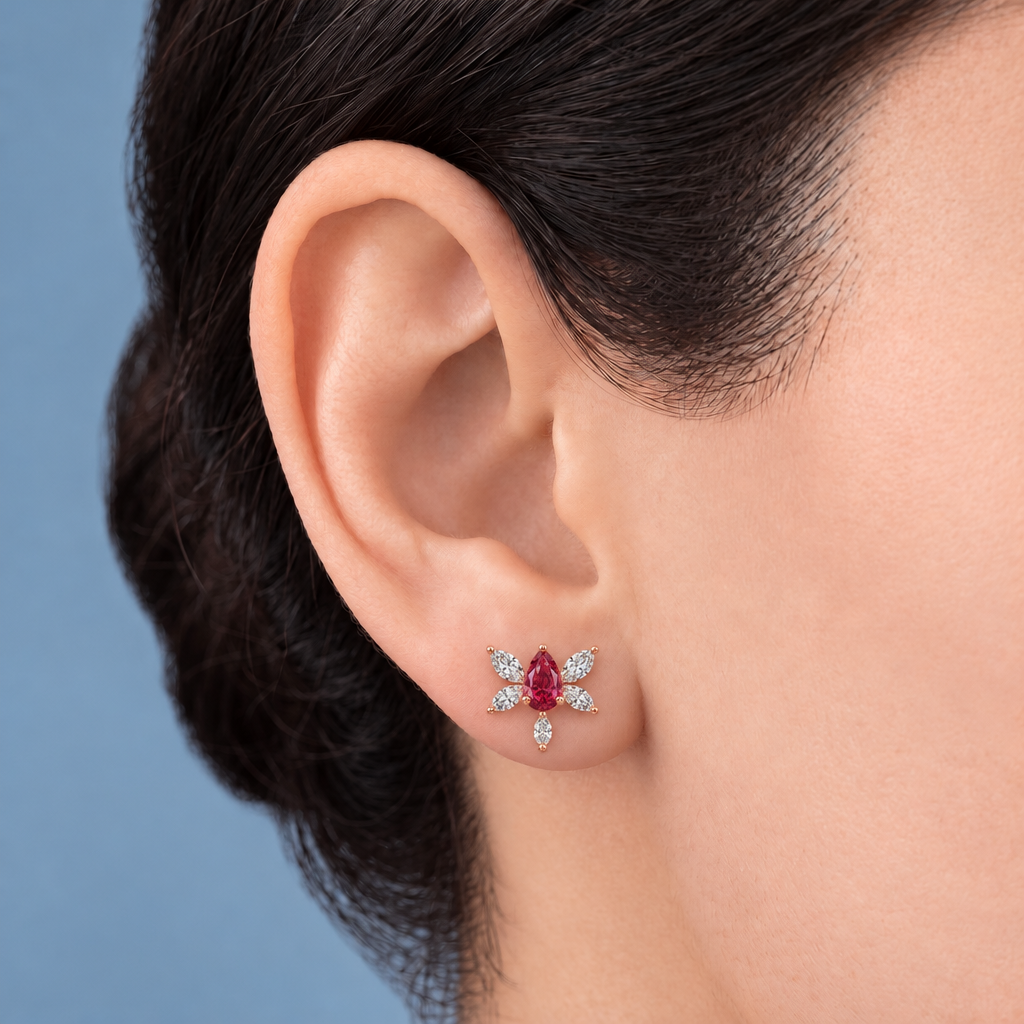10K Rose Gold Lab Grown Ruby Butterfly Diamond Stud Earrings - Worn on the ear