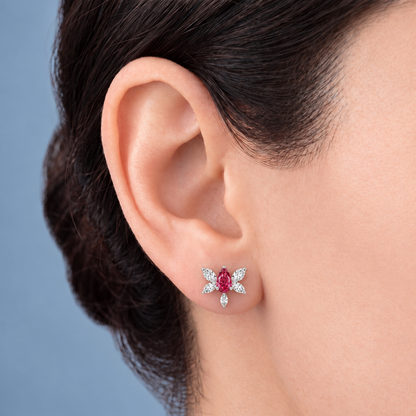 Sterling Silver Lab Grown Ruby Butterfly Diamond Stud Earrings - Worn on the ear