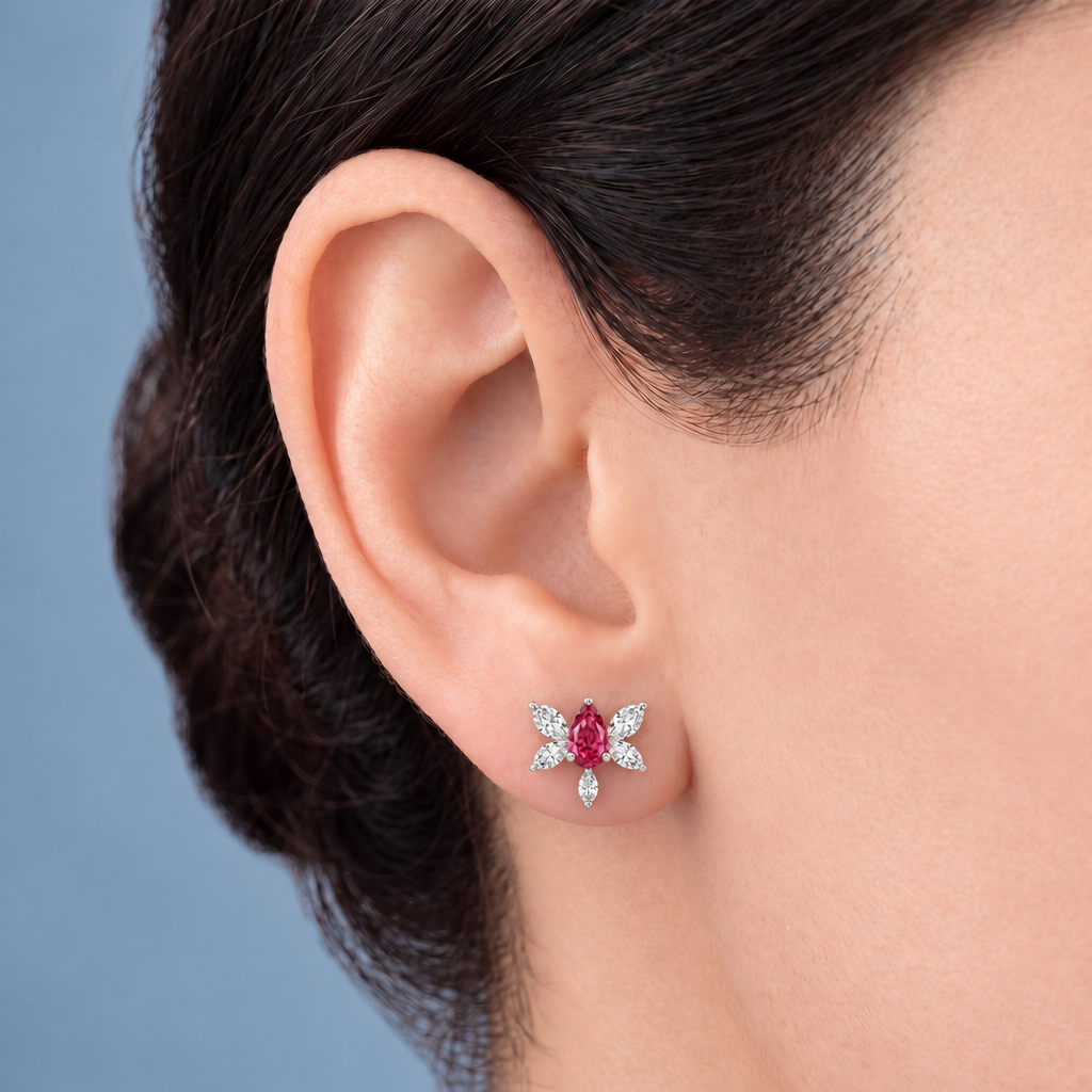 10K White Gold Lab Grown Ruby Butterfly Diamond Stud Earrings - Worn on the ear
