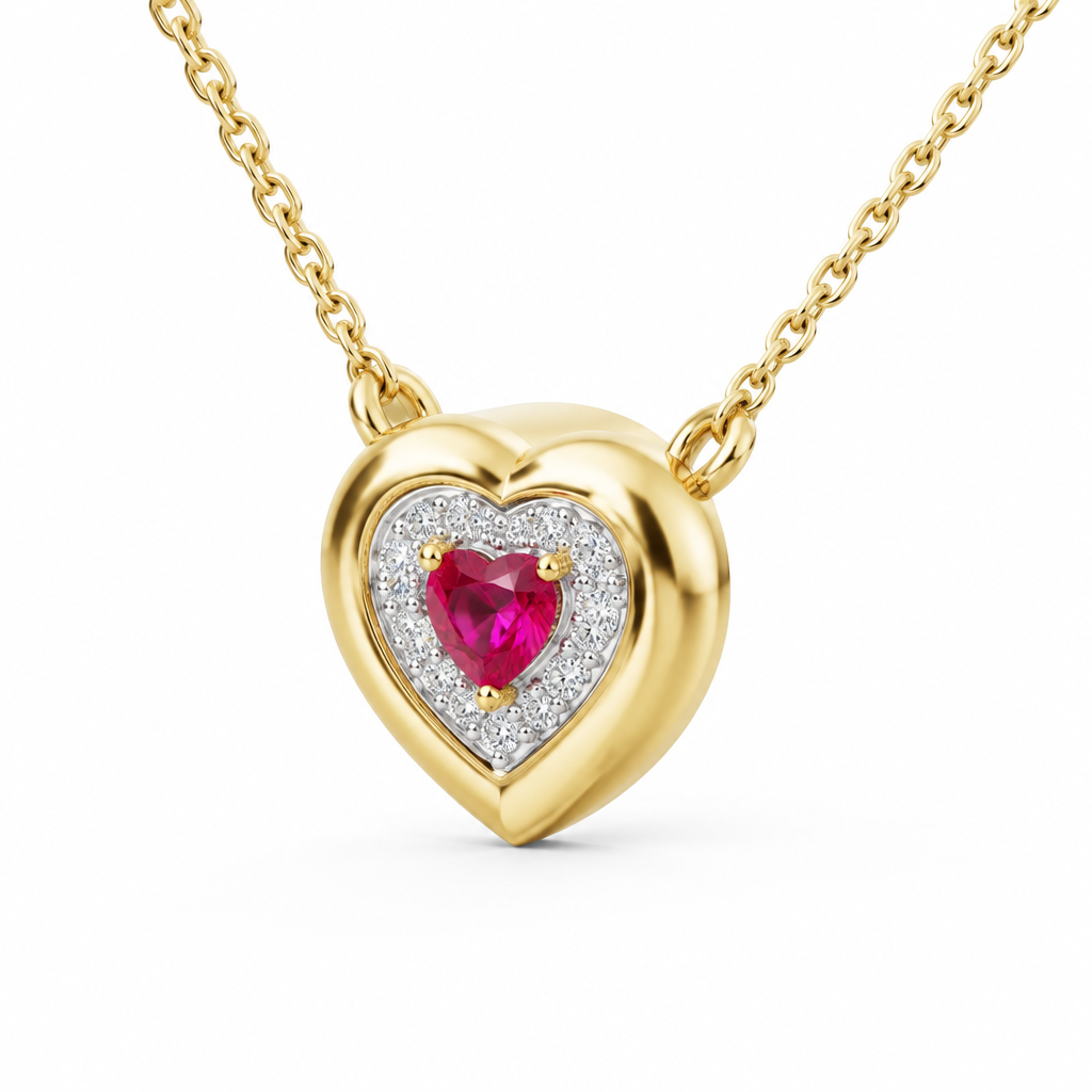 10K Yellow Gold Lab Grown Heart Ruby Diamond Halo Pendant - View 2