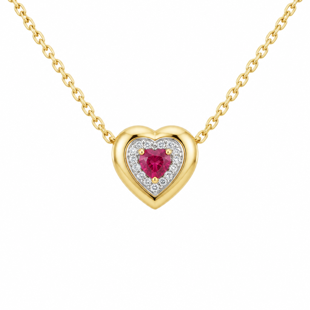 10K Yellow Gold Lab Grown Heart Ruby Diamond Halo Pendant