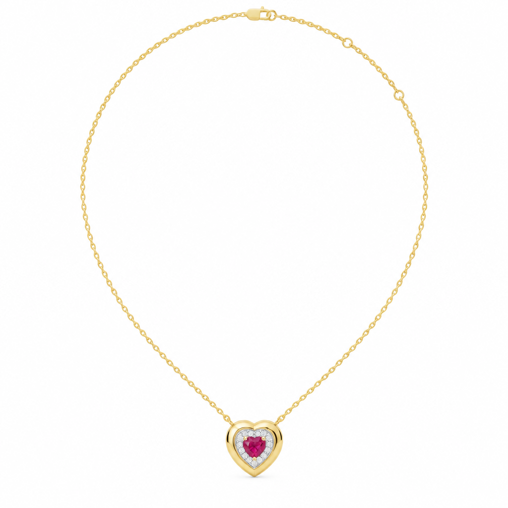 10K Yellow Gold Lab Grown Heart Ruby Diamond Halo Pendant - View 3