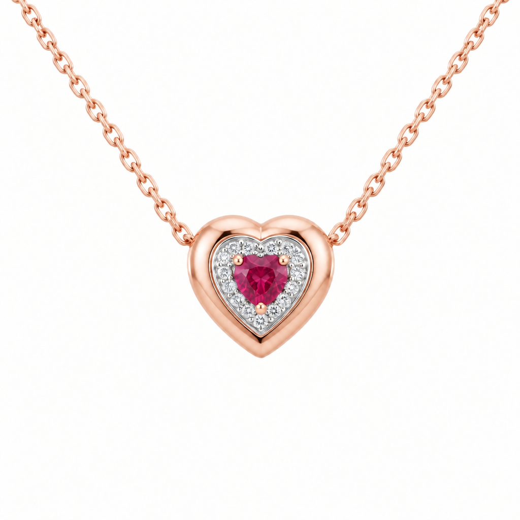 10K Rose Gold Lab Grown Heart Ruby Diamond Halo Pendant