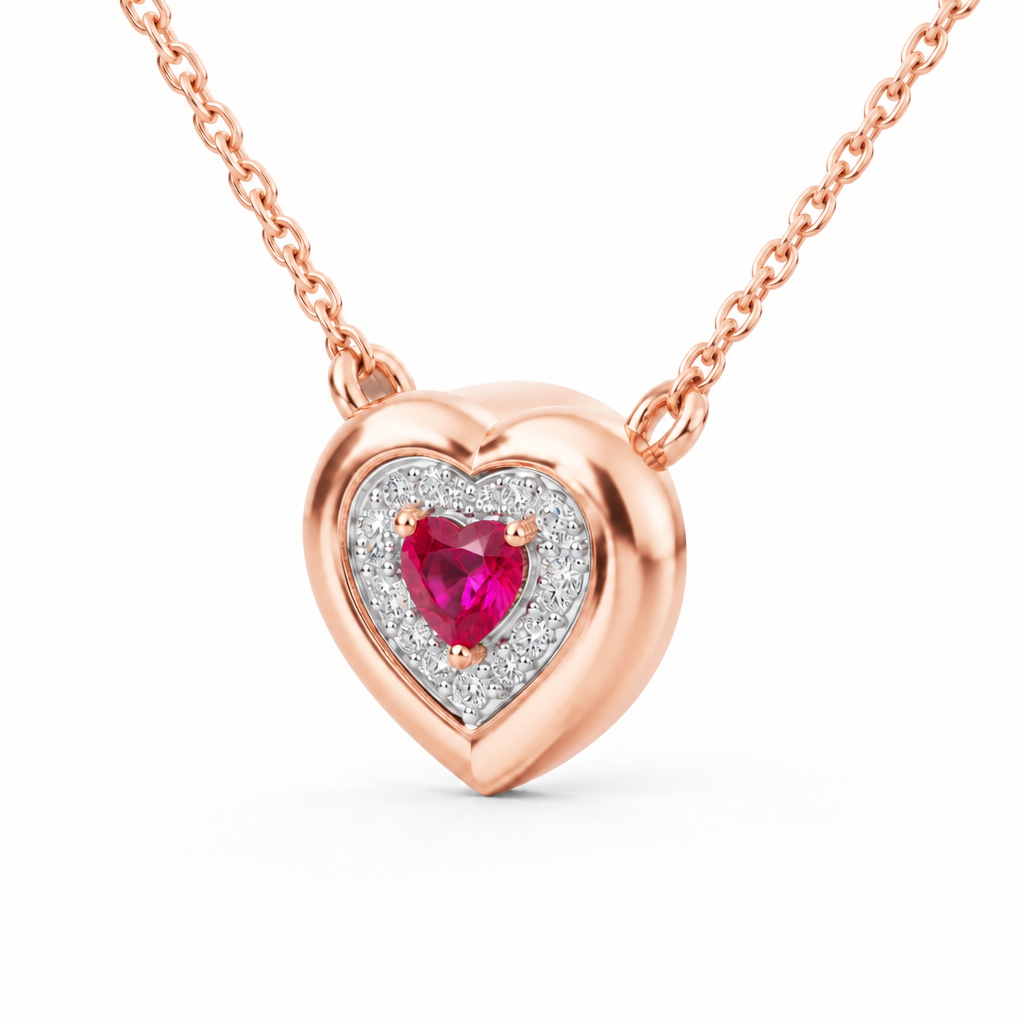 10K Rose Gold Lab Grown Heart Ruby Diamond Halo Pendant - View 2