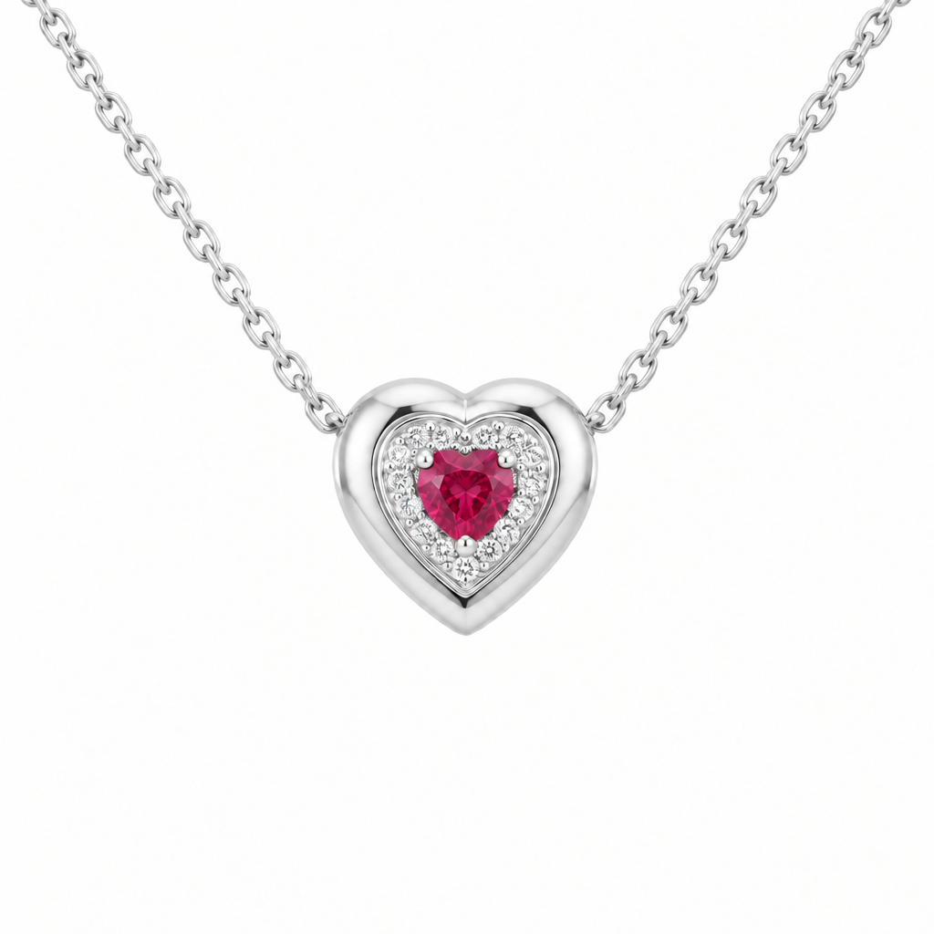 Sterling Silver Lab Grown Heart Ruby Diamond Halo Pendant