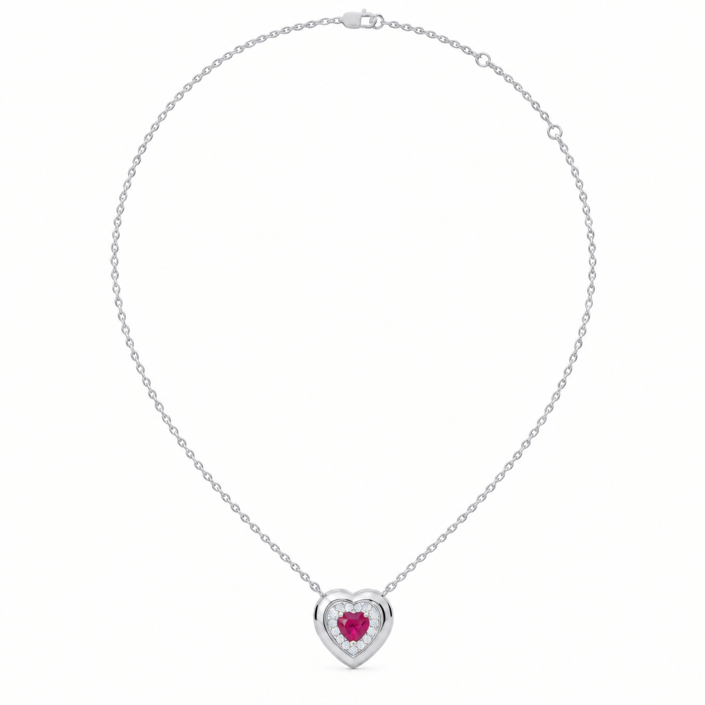 14K White Gold Lab Grown Heart Ruby Diamond Halo Pendant - View 3