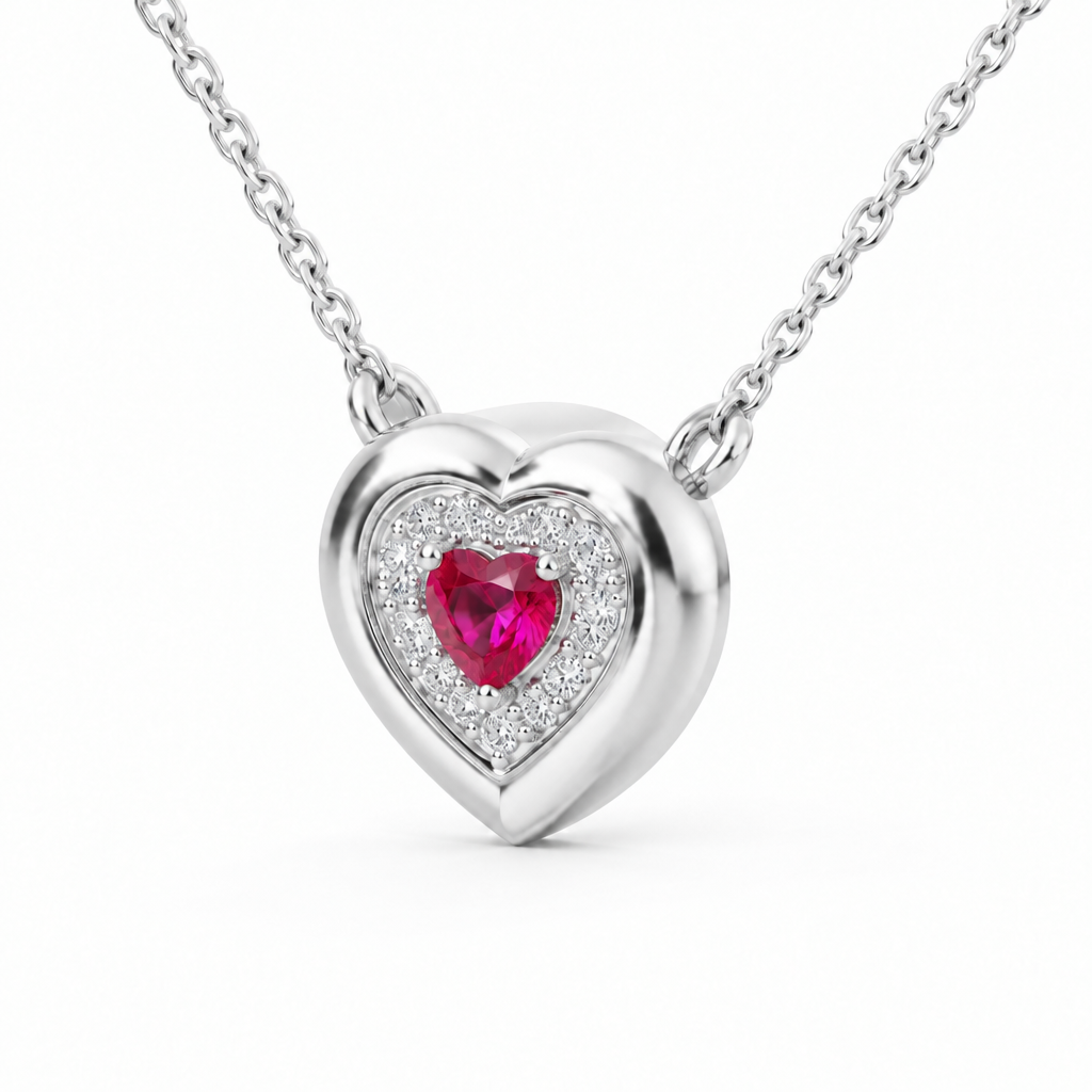 Platinum Lab Grown Heart Ruby Diamond Halo Pendant - View 2