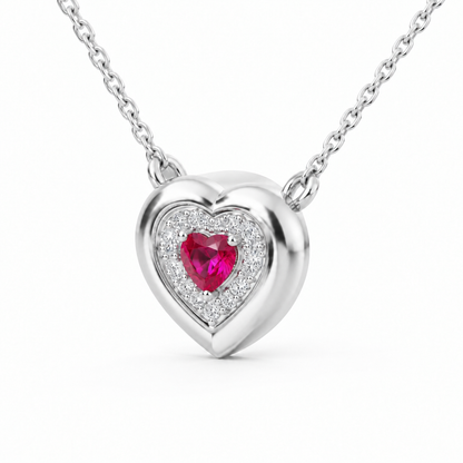 Sterling Silver Lab Grown Heart Ruby Diamond Halo Pendant - View 2