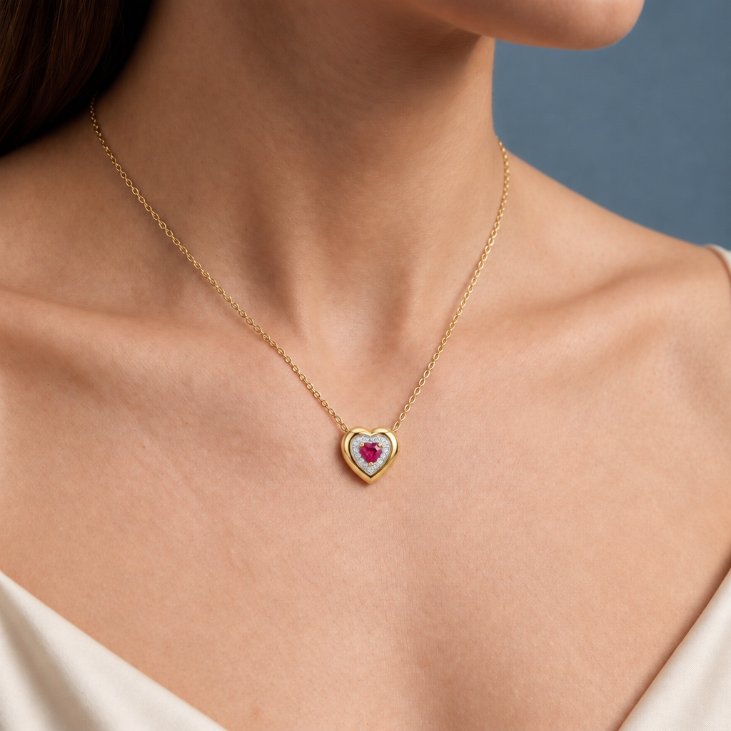 10K Yellow Gold Lab Grown Heart Ruby Diamond Halo Pendant - Close-up
