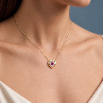10K Yellow Gold Lab Grown Heart Ruby Diamond Halo Pendant - Close-up