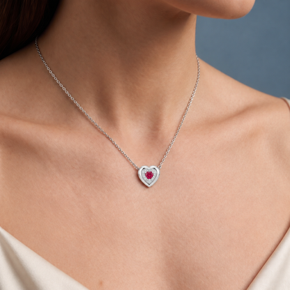 Sterling Silver Lab Grown Heart Ruby Diamond Halo Pendant - Close-up